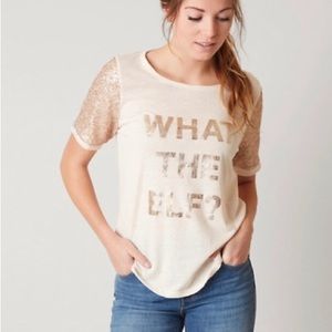 Twine & Stark `What the Elf` Top with Sequins on both sleeves.Cream size Med